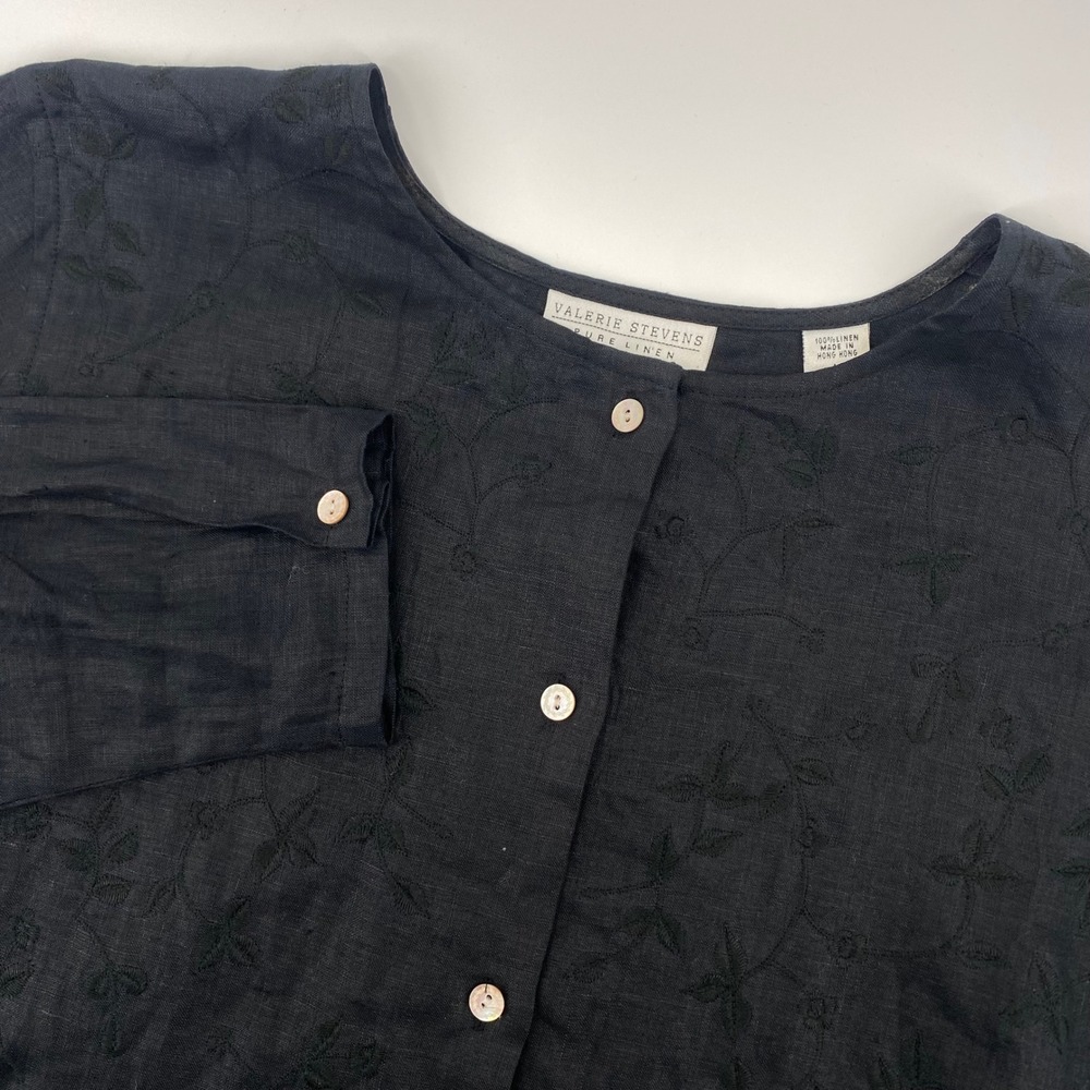 Valerie Stevens Pure Linen Blouse Womens M Black Embroidered Button Front Top